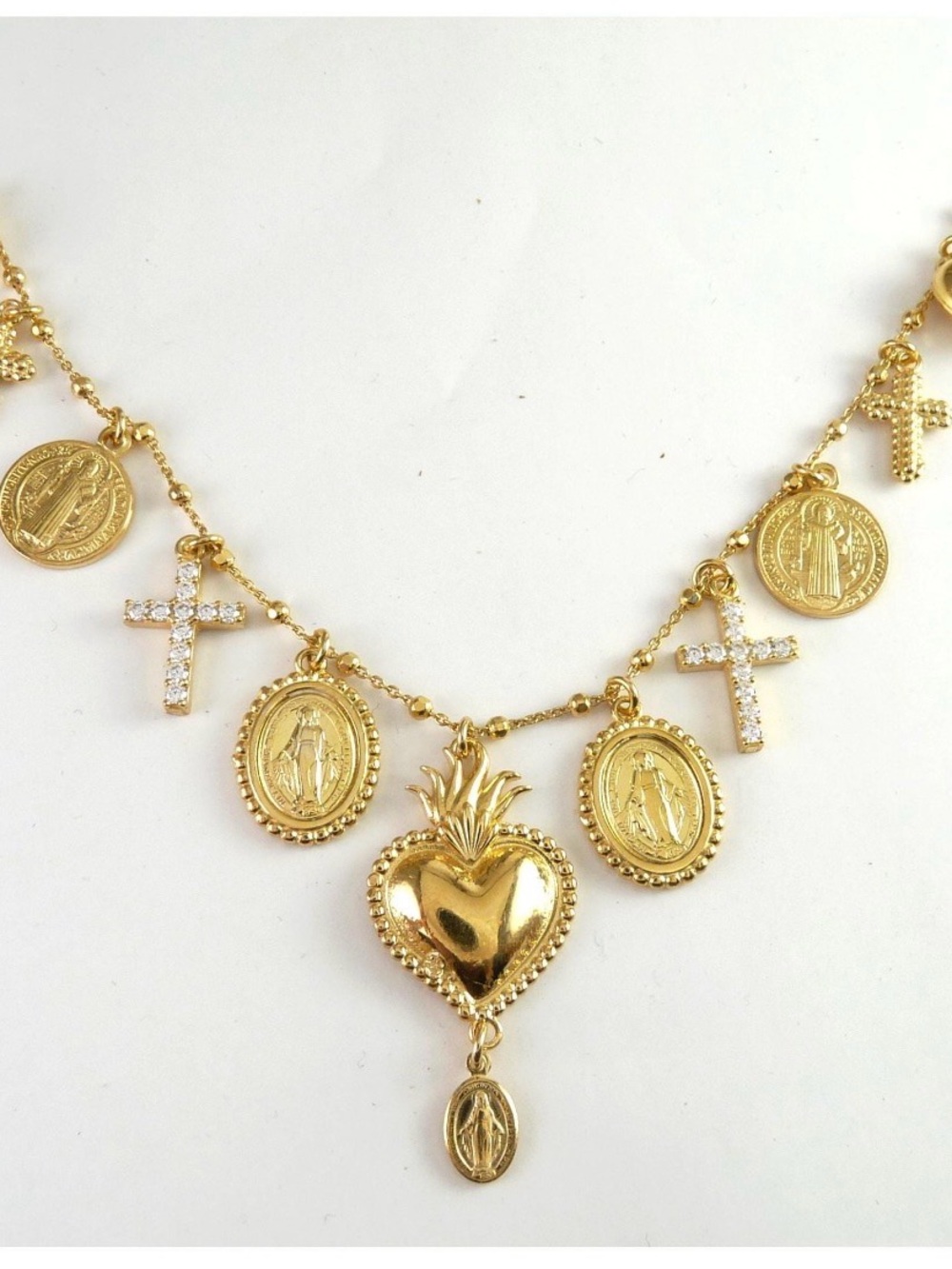 Gold Sacred Heart Charm Necklace with Coin and Crystal Cross Pendants - Picture 2 of 9